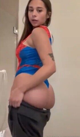 Sophieraiin stripping in her Spider Man costume